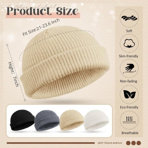 ⚡Unisex Black, Dark Gray, White, Apricot 4 Pieces Watch Hat Fisherman Beanie - Picture 2 of 7